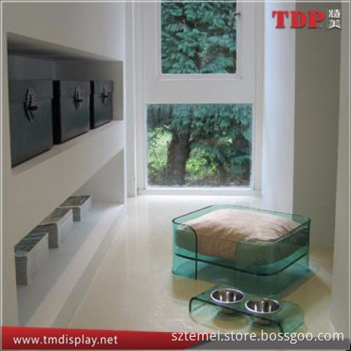 Translucent green and red acrylic dog bed and acrylic dog bowl